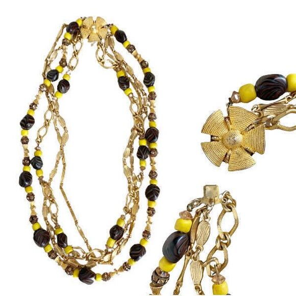 Classic Vintage 3 Strand Necklace Gold Brown Yellow Beaded Flower Clasp - Picture 1 of 11
